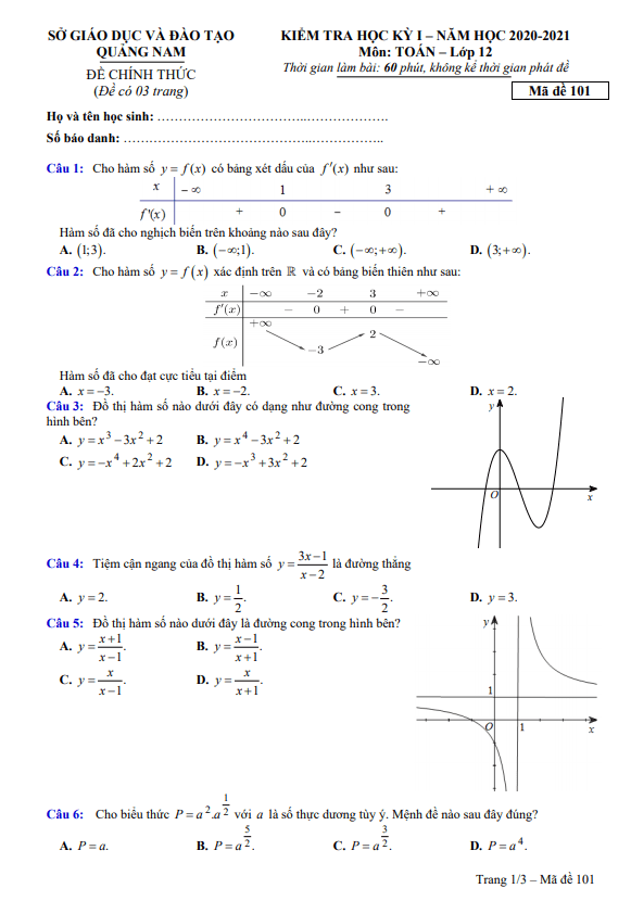 Đề kiểm tra học kỳ 1 Toán 12 năm 2020 – 2021 sở GD&ĐT Quảng Nam