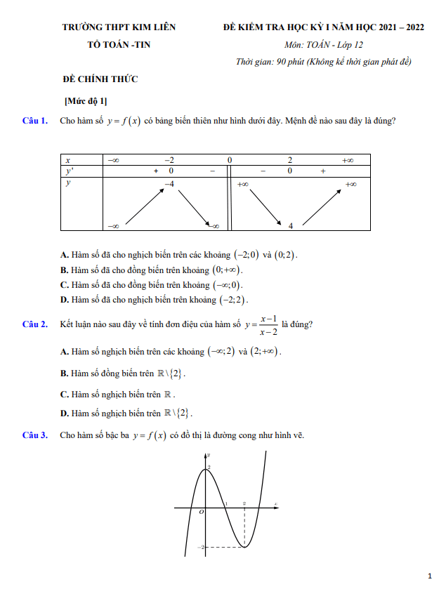 Đề kiểm tra học kỳ 1 Toán 12 năm 2021 – 2022 trường THPT Kim Liên – Hà Nội