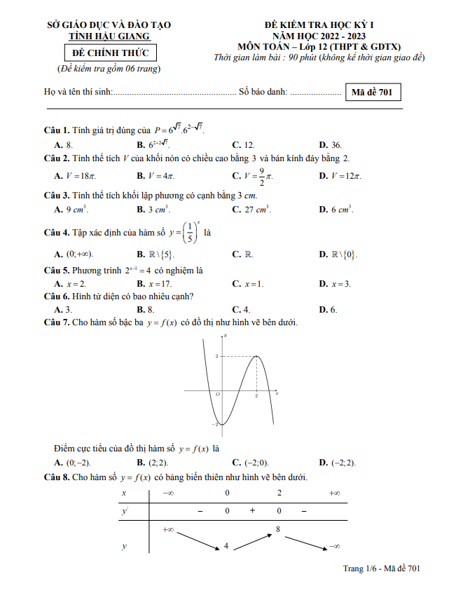 Đề kiểm tra học kỳ 1 Toán 12 năm 2022 – 2023 sở GD&ĐT Hậu Giang
