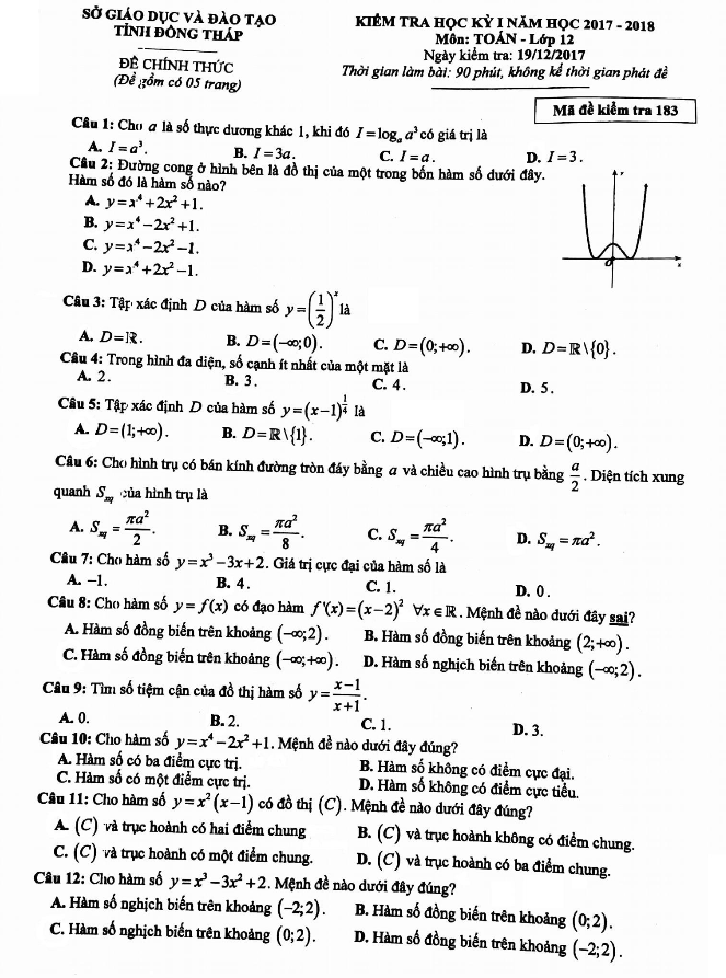 Đề kiểm tra học kỳ 1 Toán 12 năm học 2017 – 2018 sở GD và ĐT Đồng Tháp