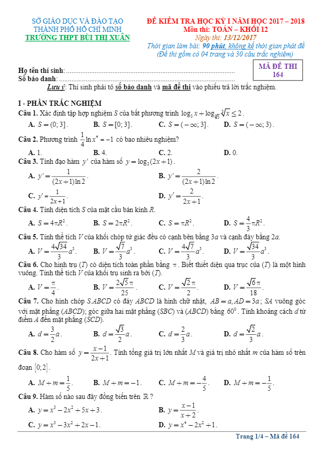 Đề kiểm tra học kỳ 1 Toán 12 năm học 2017 – 2018 trường THPT Bùi Thị Xuân – TP. HCM