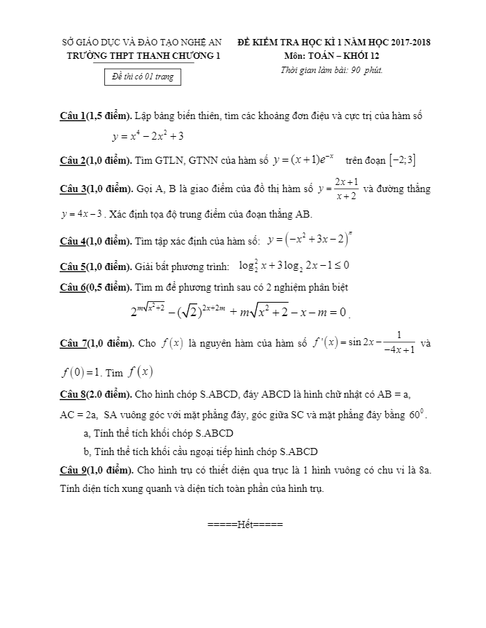 Đề kiểm tra học kỳ 1 Toán 12 năm học 2017 – 2018 trường THPT Thanh Chương 1 – Nghệ An