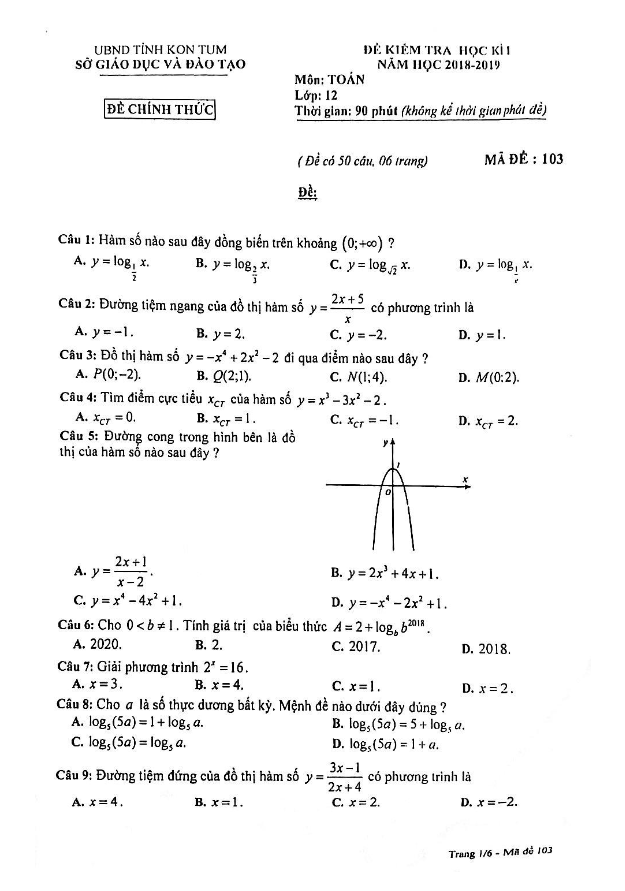 Đề kiểm tra học kỳ 1 Toán 12 năm học 2018 – 2019 sở GD và ĐT Kon Tum