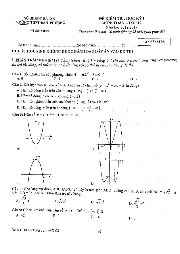 Đề kiểm tra học kỳ 1 Toán 12 năm học 2018 – 2019 trường THPT Đan Phượng – Hà Nội
