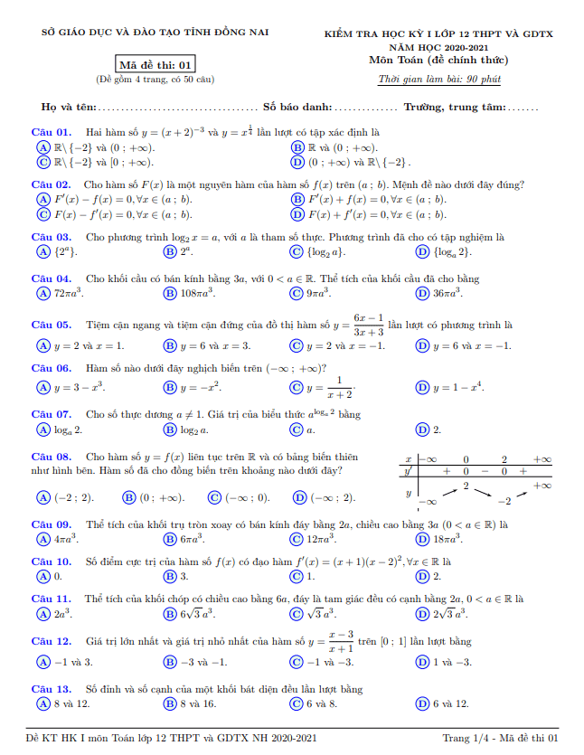 Đề kiểm tra học kỳ 1 Toán 12 năm học 2020 – 2021 sở GD&ĐT Đồng Nai