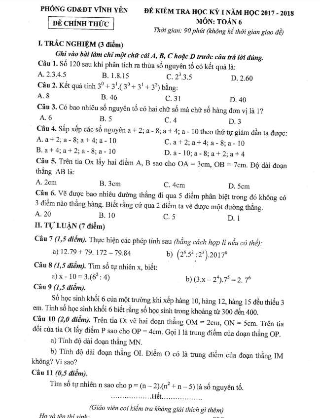Đề kiểm tra học kỳ 1 Toán 6 năm 2017 – 2018 phòng GD&ĐT Vĩnh Yên – Vĩnh Phúc