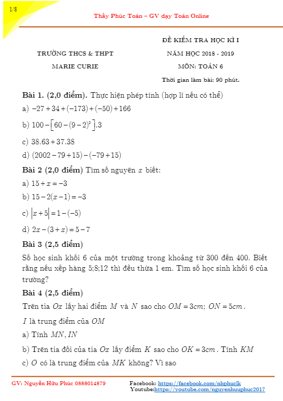 Đề kiểm tra học kỳ 1 Toán 6 năm 2018 – 2019 trường Marie Curie – Hà Nội