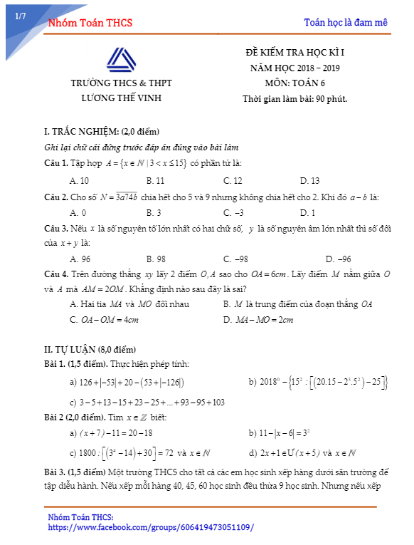 Đề kiểm tra học kỳ 1 Toán 6 năm học 2018 – 2019 trường Lương Thế Vinh – Hà Nội