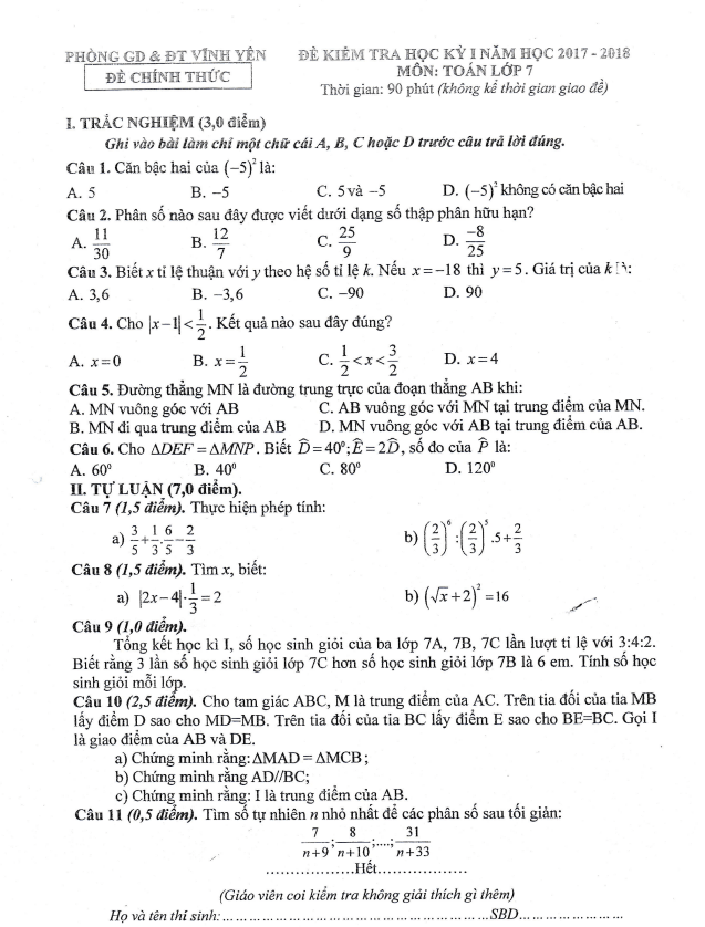 Đề kiểm tra học kỳ 1 Toán 7 năm 2017 – 2018 phòng GD&ĐT Vĩnh Yên – Vĩnh Phúc