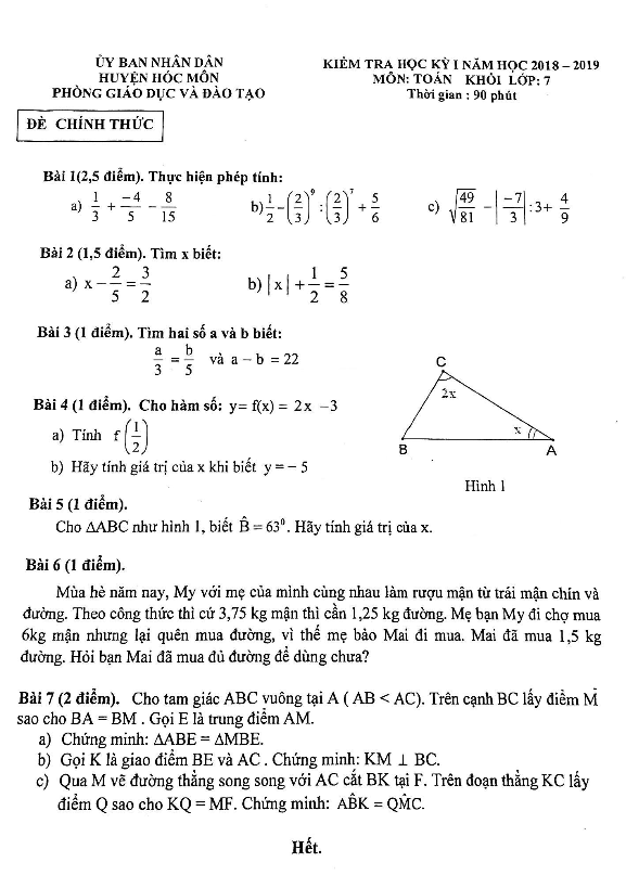 Đề kiểm tra học kỳ 1 Toán 7 năm 2018 – 2019 phòng GD và ĐT Hóc Môn – TP. HCM