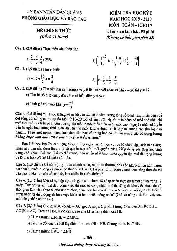 Đề kiểm tra học kỳ 1 Toán 7 năm 2019 – 2020 phòng GD&ĐT Quận 3 – TP HCM