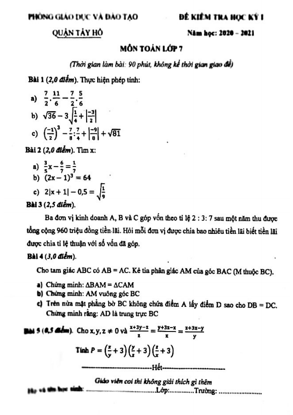 Đề kiểm tra học kỳ 1 Toán 7 năm 2020 – 2021 phòng GD&ĐT Tây Hồ – Hà Nội