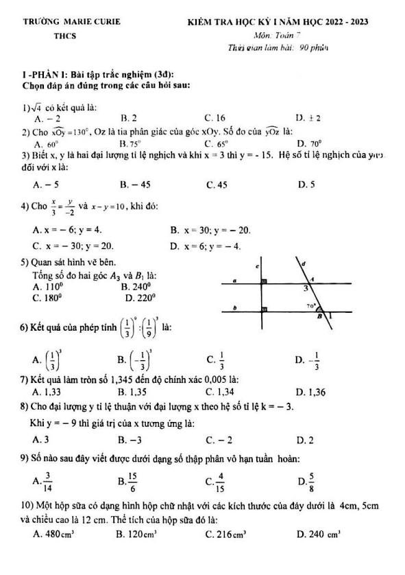 Đề kiểm tra học kỳ 1 Toán 7 năm 2022 – 2023 trường Marie Curie – Hà Nội