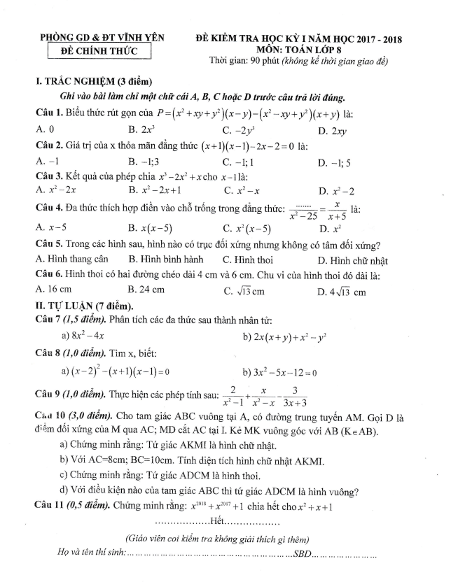 Đề kiểm tra học kỳ 1 Toán 8 năm 2017 – 2018 phòng GD&ĐT Vĩnh Yên – Vĩnh Phúc