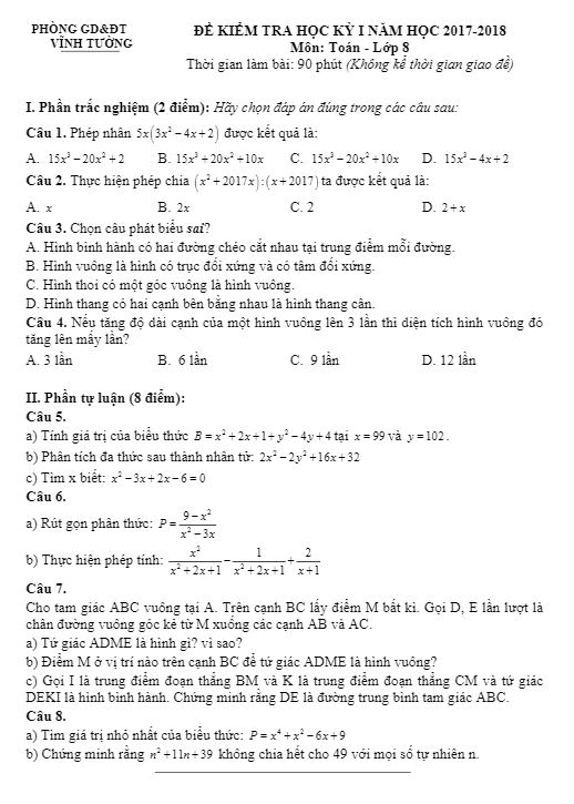 Đề kiểm tra học kỳ 1 Toán 8 năm học 2017 – 2018 phòng GD và ĐT Vĩnh Tường – Vĩnh Phúc