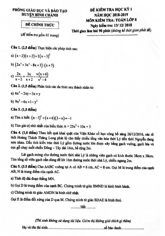 Đề kiểm tra học kỳ 1 Toán 8 năm học 2018 – 2019 phòng GD và ĐT Bình Chánh – TP. HCM