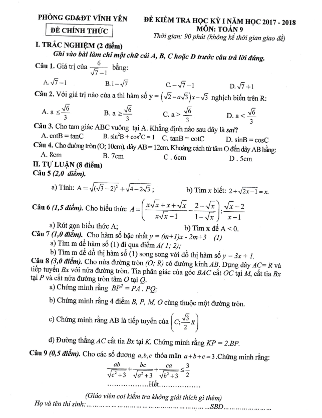 Đề kiểm tra học kỳ 1 Toán 9 năm 2017 – 2018 phòng GD&ĐT Vĩnh Yên – Vĩnh Phúc