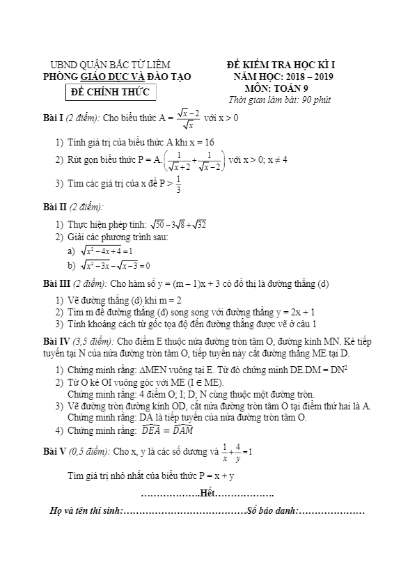 Đề kiểm tra học kỳ 1 Toán 9 năm 2018 – 2019 phòng GD và ĐT Bắc Từ Liêm – Hà Nội