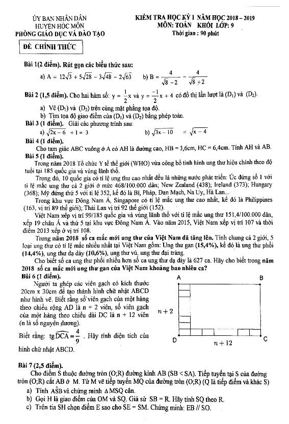 Đề kiểm tra học kỳ 1 Toán 9 năm 2018 – 2019 phòng GD và ĐT Hóc Môn – TP. HCM