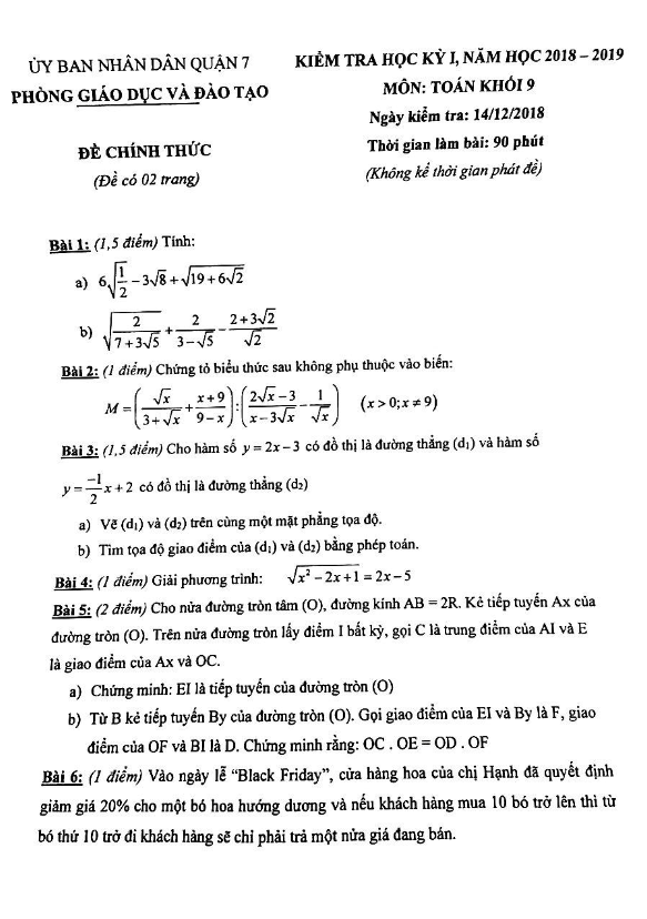 Đề kiểm tra học kỳ 1 Toán 9 năm 2018 – 2019 phòng GD và ĐT Quận 7 – TP. HCM