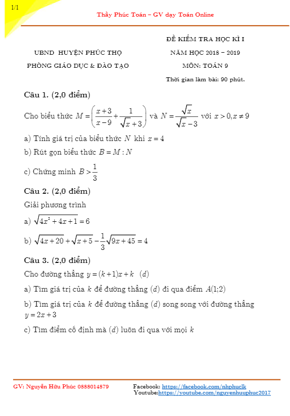 Đề kiểm tra học kỳ 1 Toán 9 năm 2018 – 2019 phòng GD&ĐT Phúc Thọ – Hà Nội