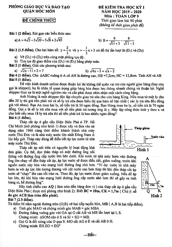 Đề kiểm tra học kỳ 1 Toán 9 năm 2019 – 2020 phòng GD&ĐT Hóc Môn – TP HCM
