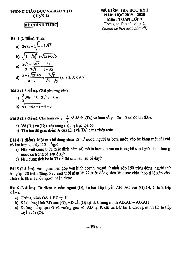 Đề kiểm tra học kỳ 1 Toán 9 năm 2019 – 2020 phòng GD&ĐT Quận 12 – TP HCM