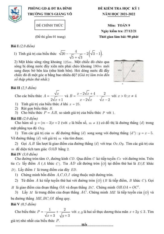 Đề kiểm tra học kỳ 1 Toán 9 năm 2021 – 2022 trường THCS Giảng Võ – Hà Nội