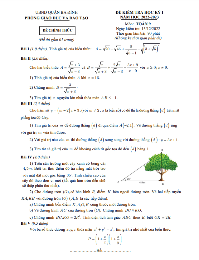 Đề kiểm tra học kỳ 1 Toán 9 năm 2022 – 2023 phòng GD&ĐT Ba Đình – Hà Nội