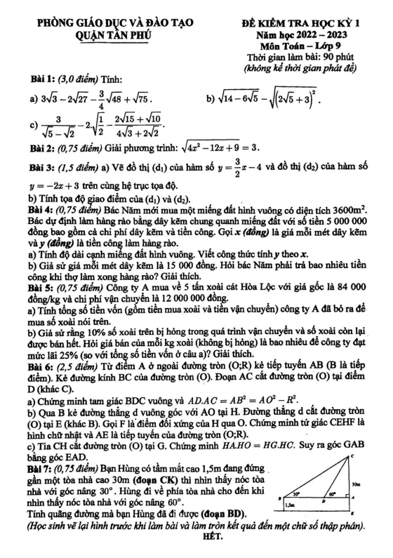 Đề kiểm tra học kỳ 1 Toán 9 năm 2022 – 2023 phòng GD&ĐT Tân Phú – TP HCM