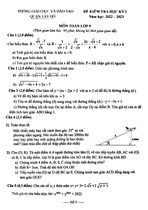 Đề kiểm tra học kỳ 1 Toán 9 năm 2022 – 2023 phòng GD&ĐT Tây Hồ – Hà Nội