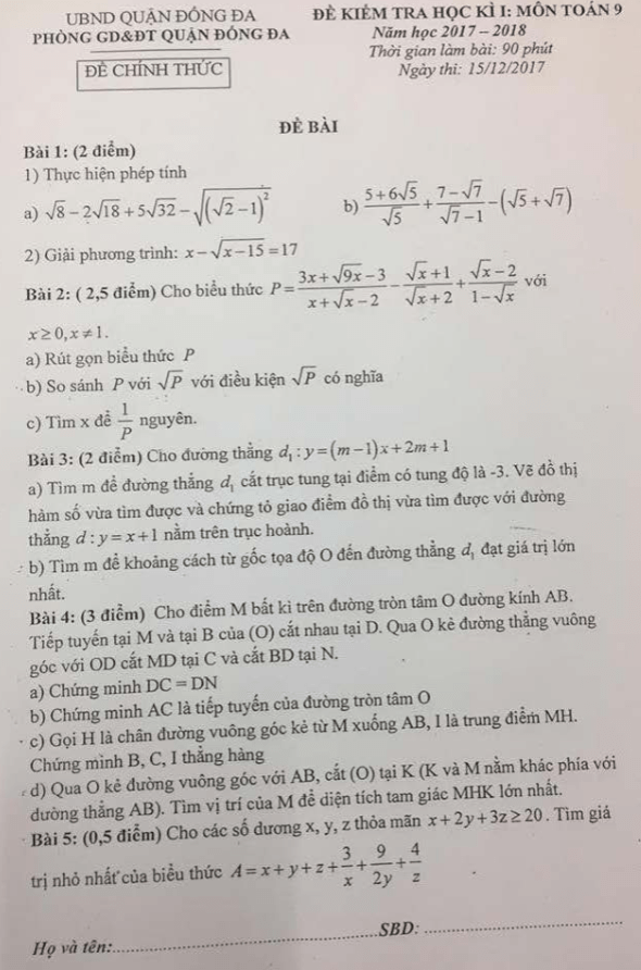 Đề kiểm tra học kỳ 1 Toán 9 năm học 2017 – 2018 phòng GD và ĐT Đống Đa – Hà Nội