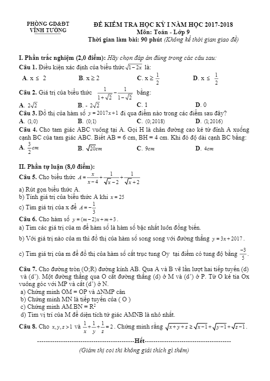 Đề kiểm tra học kỳ 1 Toán 9 năm học 2017 – 2018 phòng GD và ĐT Vĩnh Tường – Vĩnh Phúc