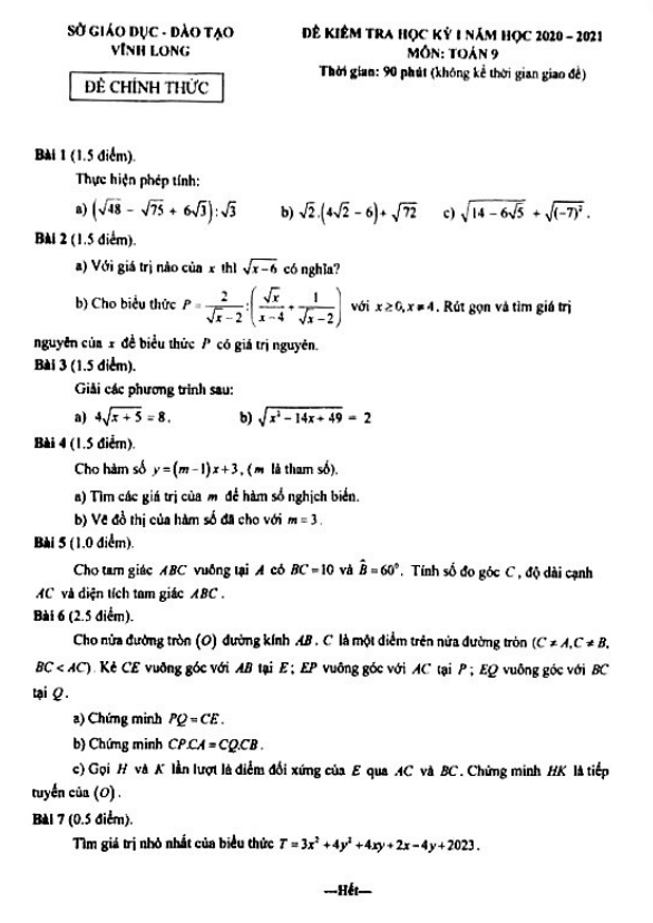 Đề kiểm tra học kỳ 1 Toán 9 năm học 2020 – 2021 sở GD&ĐT Vĩnh Long