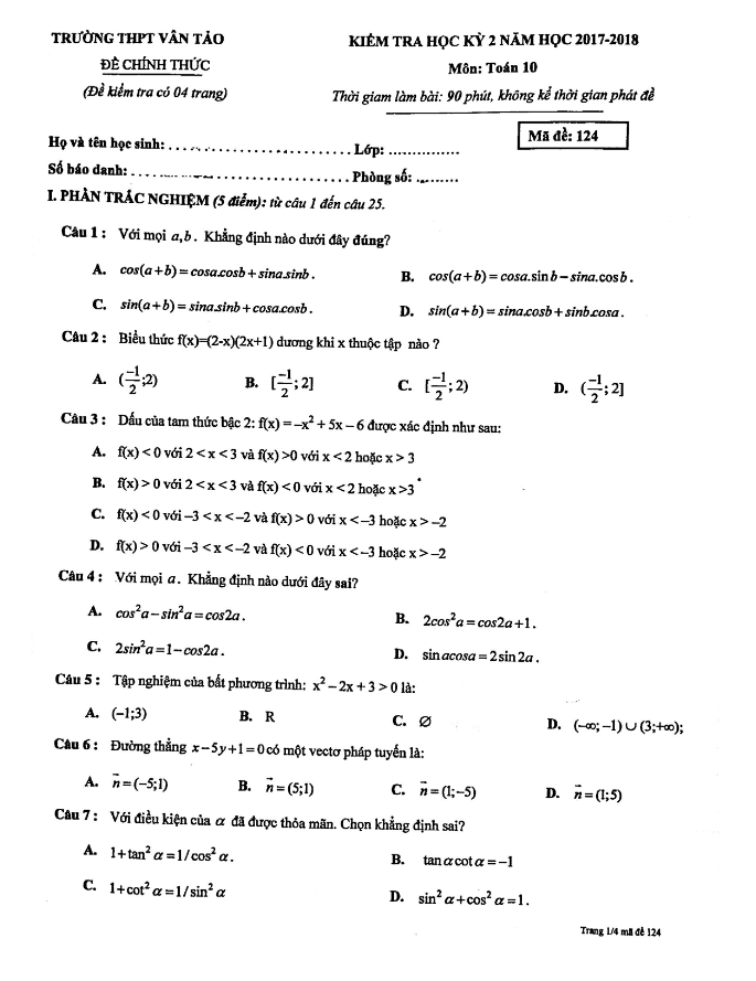Đề kiểm tra học kỳ 2 Toán 10 năm 2017 – 2018 trường THPT Vân Tảo – Hà Nội
