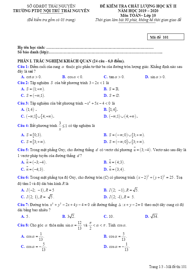 Đề kiểm tra học kỳ 2 Toán 10 năm 2019 – 2020 trường PTDT nội trú Thái Nguyên