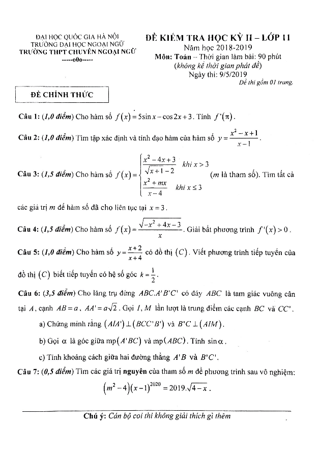 Đề kiểm tra học kỳ 2 Toán 11 năm 2018 – 2019 trường chuyên Ngoại Ngữ – Hà Nội