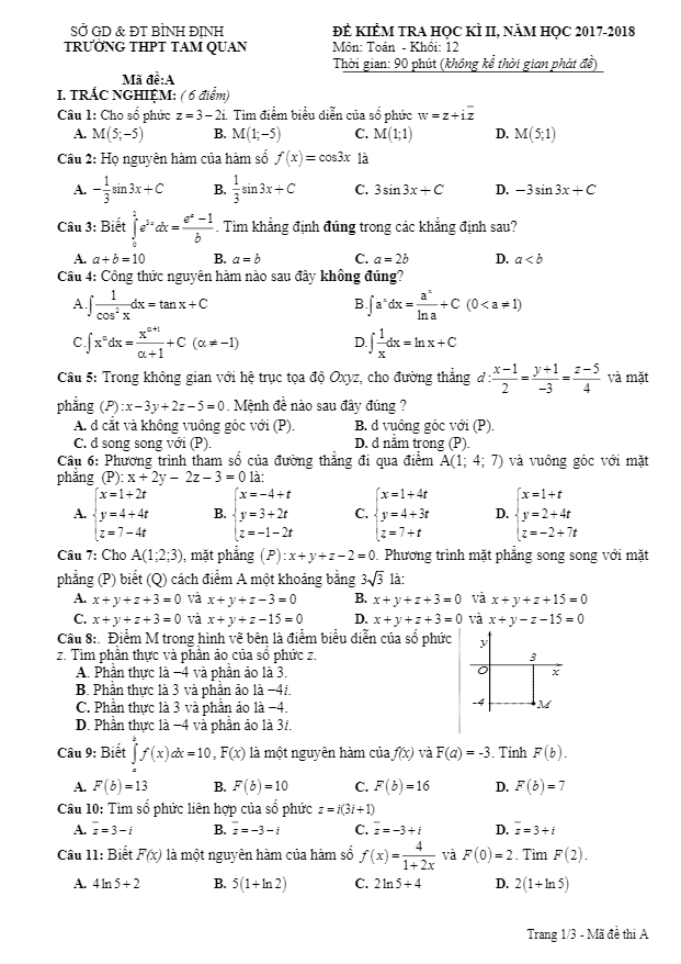 Đề kiểm tra học kỳ 2 Toán 12 năm 2017 – 2018 trường Tam Quan – Bình Định
