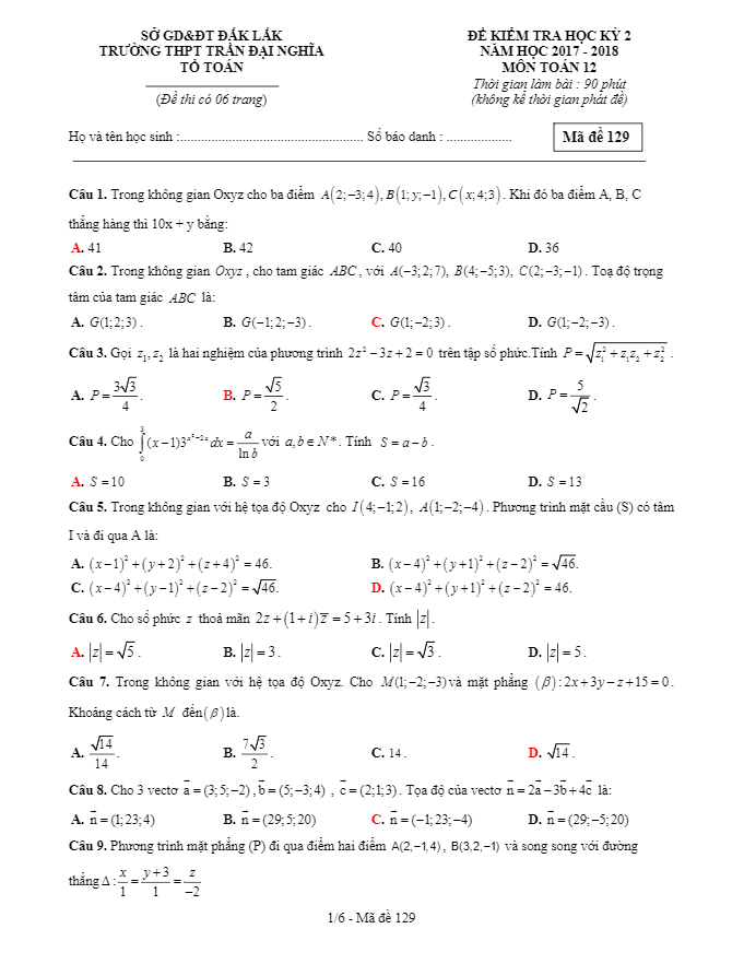Đề kiểm tra học kỳ 2 Toán 12 năm 2017 – 2018 trường Trần Đại Nghĩa – Đắk Lắk