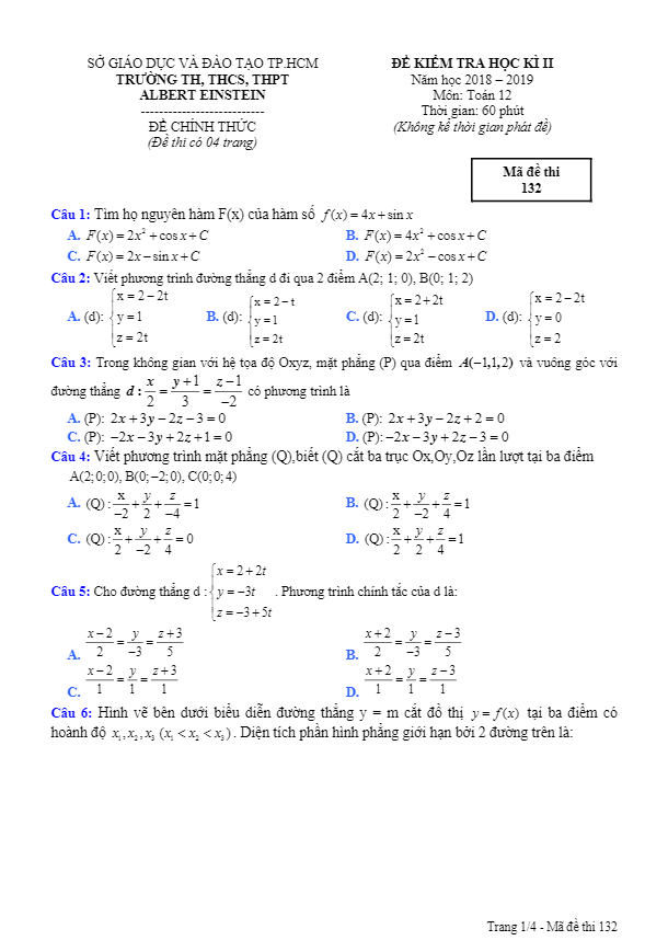 Đề kiểm tra học kỳ 2 Toán 12 năm 2018 – 2019 trường Albert Einstein – TP HCM