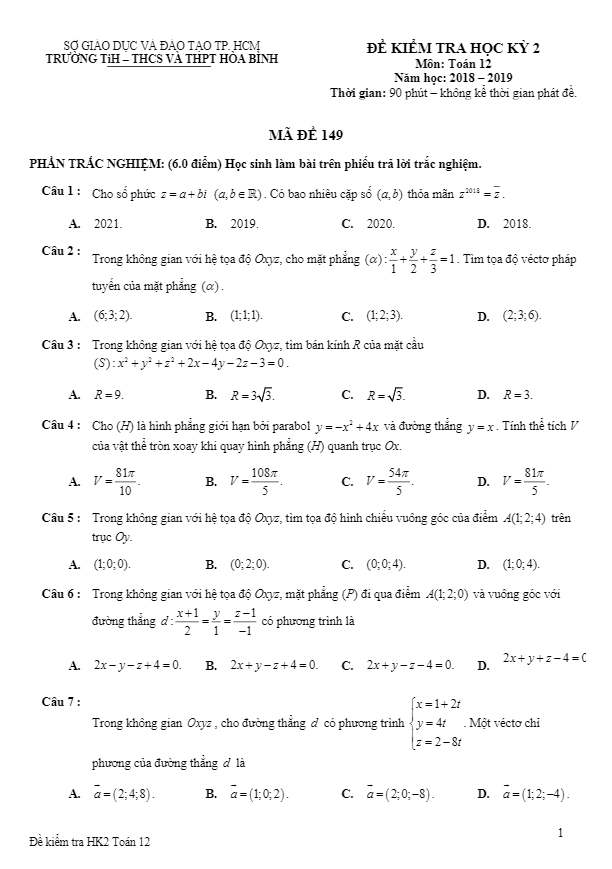 Đề kiểm tra học kỳ 2 Toán 12 năm 2018 – 2019 trường Hòa Bình – TP HCM