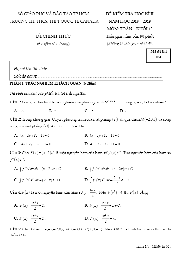 Đề kiểm tra học kỳ 2 Toán 12 năm 2018 – 2019 trường Quốc tế Canada – TP HCM