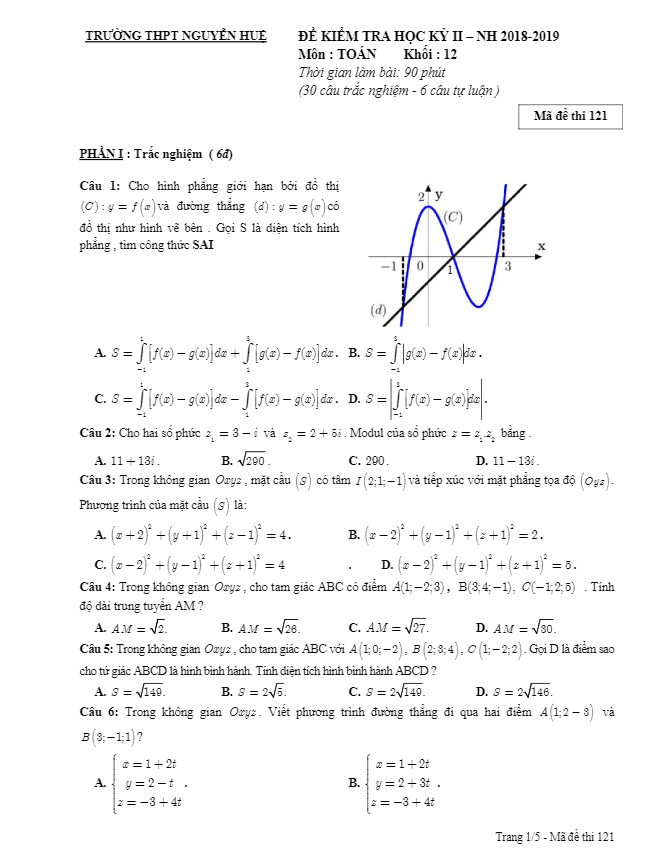 Đề kiểm tra học kỳ 2 Toán 12 năm 2018 – 2019 trường THPT Nguyễn Huệ – TP HCM