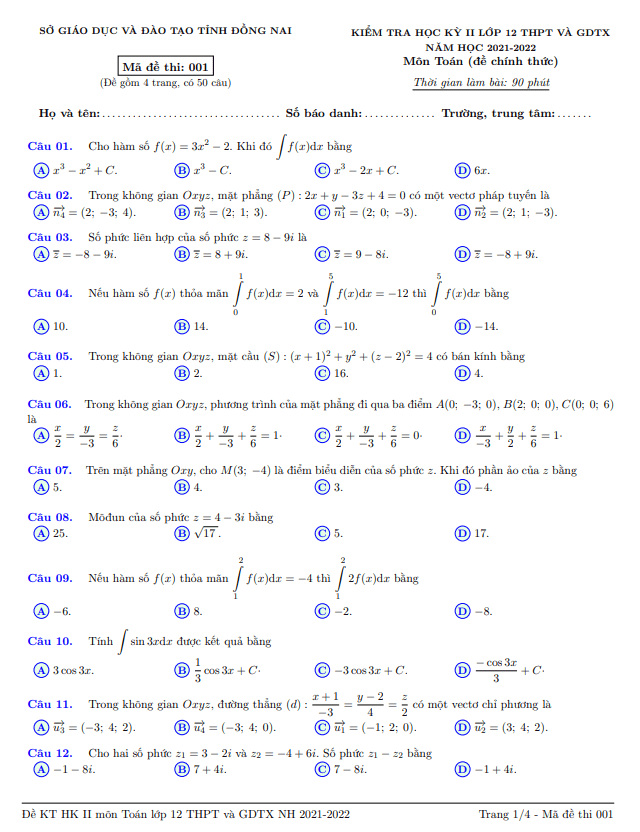 Đề kiểm tra học kỳ 2 Toán 12 năm 2021 – 2022 sở GD&ĐT Đồng Nai