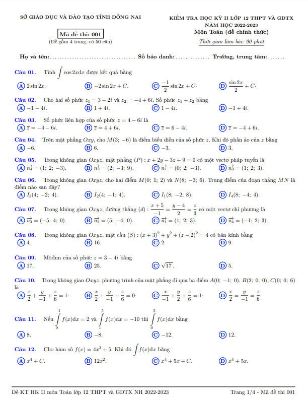Đề kiểm tra học kỳ 2 Toán 12 năm 2022 – 2023 sở GD&ĐT Đồng Nai