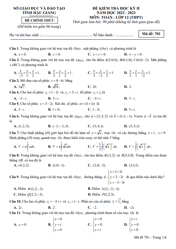 Đề kiểm tra học kỳ 2 Toán 12 năm 2022 – 2023 sở GD&ĐT Hậu Giang