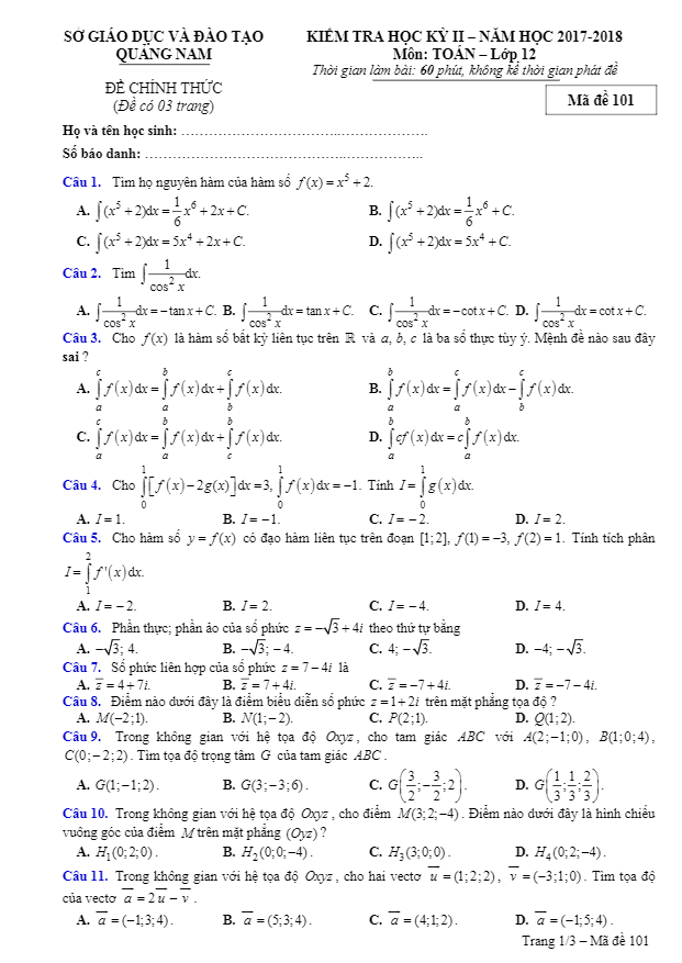 Đề kiểm tra học kỳ 2 Toán 12 năm học 2017 – 2018 sở GD và ĐT Quảng Nam