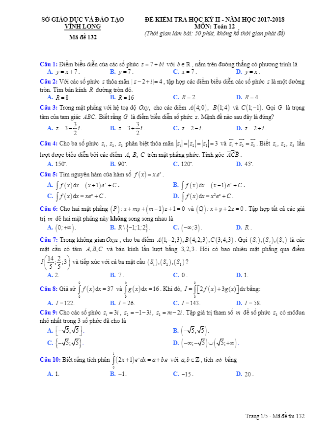 Đề kiểm tra học kỳ 2 Toán 12 năm học 2017 – 2018 sở GD và ĐT Vĩnh Long