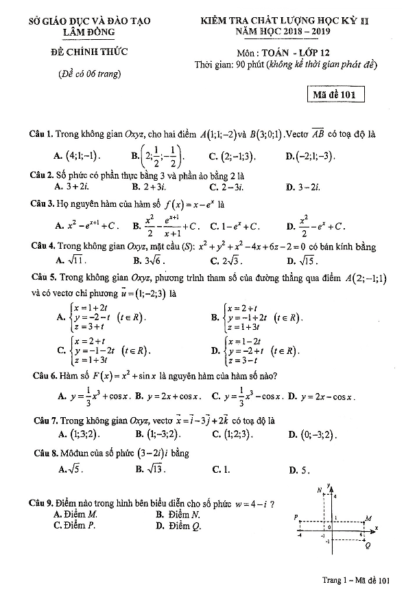 Đề kiểm tra học kỳ 2 Toán 12 năm học 2018 – 2019 sở GD&ĐT Lâm Đồng