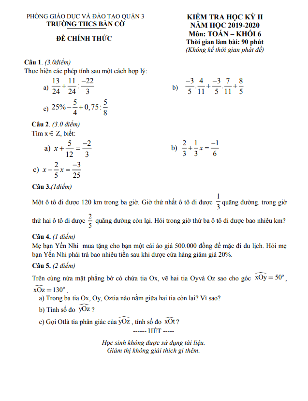 Đề kiểm tra học kỳ 2 Toán 6 năm 2019 – 2020 trường THCS Bàn Cờ – TP HCM